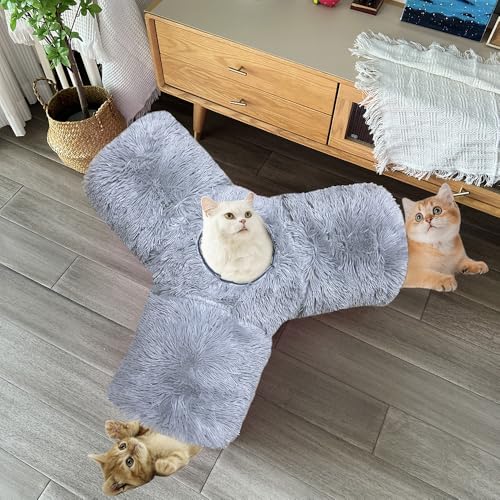 3-Way Collapsible Cat Tunnel Tube Toy Grey Plush | Interactive Play Tunnel with Hanging Ball & Peek Hole for Indoor Cats, Kittens, Puppies & Rabbits | Hours of Fun & Exercise - color: Grey Plush