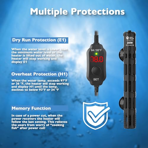 AquaMiracle Submersible Aquarium Heaters, 200W Fish Tank Heater with LED Digital Temp Display, Dry-Run Auto Power-Off & Overheat Protection, for Freshwater and Saltwater Tanks (20-40 Gal) - size: For 20-40 Gal Aquariums