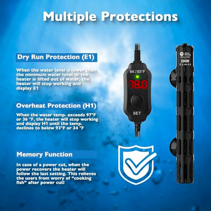 AquaMiracle Submersible Aquarium Heaters, 200W Fish Tank Heater with LED Digital Temp Display, Dry-Run Auto Power-Off & Overheat Protection, for Freshwater and Saltwater Tanks (20-40 Gal) - size: For 20-40 Gal Aquariums