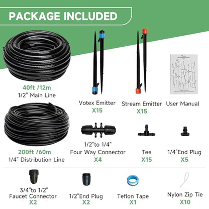 Riboud 240FT Drip Irrigation System Kit, Automatic Garden Watering System for Plant, Greenhouse, Yard, Lawn, with 1/2 inch 1/4 inch Irrigation Tubing Hose and Accessories - size: 240FT Drip System Kit
