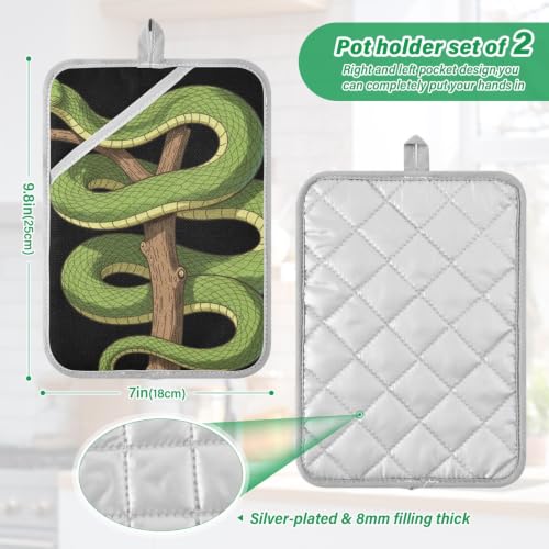 Pot Holder Set Anti-Scald Table Protection | Polyester Single Side Print Table Heat Mat Two Piecing Funny Green Tree Python Lover Reptile Keeper Pet Owner Snake