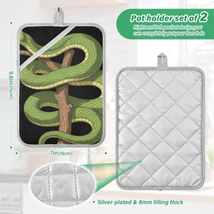 Pot Holder Set Anti-Scald Table Protection | Polyester Single Side Print Table Heat Mat Two Piecing Funny Green Tree Python Lover Reptile Keeper Pet Owner Snake