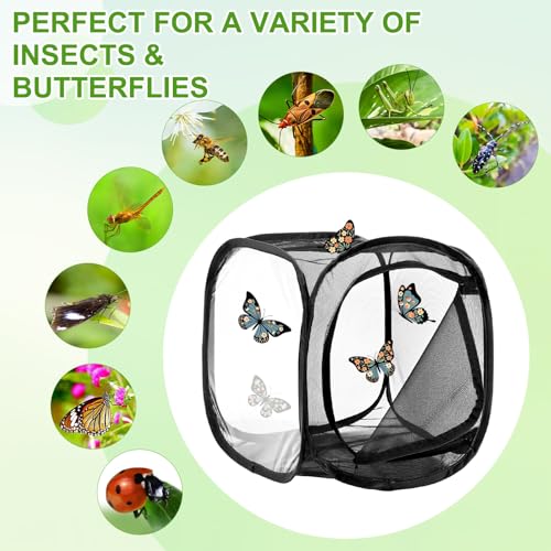 M METERXITY Butterfly Habitat Cage Terrarium, Outdoor Collapsible Mesh Pop-up with Zipper Protection for Breeding Butterfly/Ladybug, Mesh Plant Enclosure [Black with Black, 12 x 12 x 12 Inch] - color: Black With Black