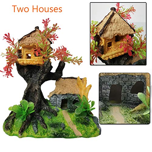 Hamiledyi 4PCS Aquarium Decoration, Fish Tank Artificial Resin Castle Ornaments, Betta Tank Landscape Decorations with Plastic Plants for Shrimp Fish Climbing Hiding - style: Country Rustic