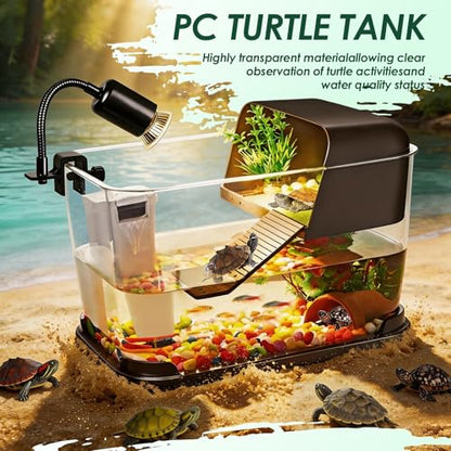 Turtle Tank Starter Kit,All-in-One Aquatic Turtle Aquarium Habitat | Baby Tortoise Enclosure Complete Kit with Basking Platform, UVB Lamp, Filter, Plants, Rocks, Climbing Ramp and Hideout