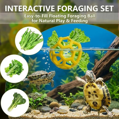Turtle Cleaning & Feeding Kit: 2 Pcs Shell Scrubber Brush with Suction Cup and Interactive Feeder Ball for Aquatic Turtles and Tortoises