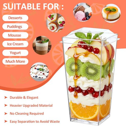 Eupako 3 oz Plastic Dessert Shooter Cups with Lids - 100 Pack Mini Clear Square Appetizer Cup, Small Dessert Cup for Jello Shots, Parfait, Puddings, Mousse - style: Square - 3 oz - 100 Set