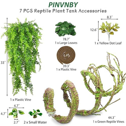 PINVNBY 7 PCS Reptile Plants Vine, Terrarium Hanging Flexible Climbing Artificial Leaves Reptile Hide, Bearded Dragon Tank Accessories, Terrarium Decor for Leopard Gecko Lizard Snake Geckos Chameleon - size: 7PCS