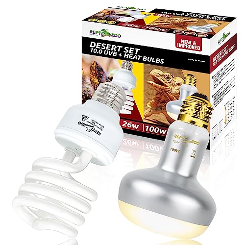REPTI ZOO Reptile Heat Lamp Bulb and UVB 10.0 Reptile Light Combo Pack, 100W Intense Basking Spot Light UVA Heat Lamp Bulb, 26W Energy Saving UVA UVB Bulb Spiral Compact Bulb - size: CBL06