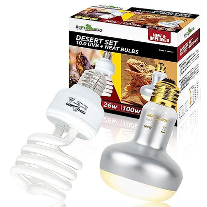 REPTI ZOO Reptile Heat Lamp Bulb and UVB 10.0 Reptile Light Combo Pack, 100W Intense Basking Spot Light UVA Heat Lamp Bulb, 26W Energy Saving UVA UVB Bulb Spiral Compact Bulb - size: CBL06