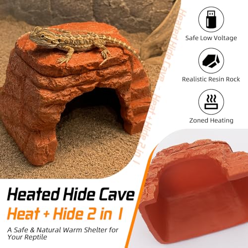Heated Reptile Hide Cave USB 5V/2A Thermostat Heating Rock | Bearded Dragon Leopard Gecko Ball Python, Reptile Cave Heater with Natural Resin Rock Texture for Terrarium Shelter
