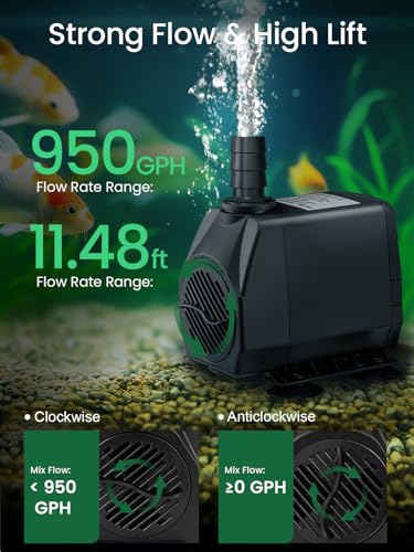 GROWNEER 950GPH Submersible Pump 50W Ultra Quiet Fountain Water Pump 3600L/H, with 9.8ft High Lift, 4 Nozzles for Aquarium, Fish Tank, Pond, Hydroponics, Statuary, Garden, Black (950GPH) - size: 950GPH