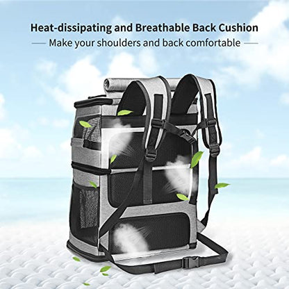Double Cat Carrier, Cat Backpack Carrier for 2 Cats, Multi Dog Backpack, Two Cat Carrier with 7 Ventilation Windows, Built-in Frame and Support Plate, Safety Straps, Collapsible, Perfect for Travel - color: Grey Double