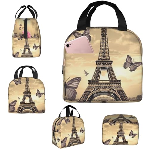 Insulated Lunch Bag Eiffel Tower Flowers and Butterflies Lunch Box for Women Men Reusable Leakproof Lunch Cooler Bag for Office Picnic - color: Eiffel Tower Flowers And Butterflies