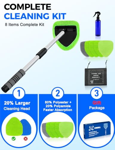 XINDELL Interior Windshield Cleaner Tool – Car Interior Window Cleaning Kit with 29inch Extended Long Handle & 4 Microfiber Pads, Auto Wiper Windshield Brush for Car, Trucks, SUVs, RVs & Home - size: 29in