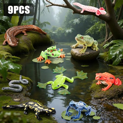 9PCS Amphibian Reptile Animals Figurines Frog Toys for Kids 3+ | Realistic, Safe, Rainforest Figurines, Salamanders Figures, Cake Toppers, Cupcake Decor, Birthday Gift for Boys Girls - style: 9PCS Amphibian Animals