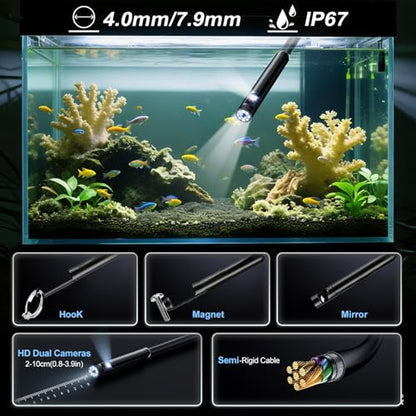 Endoscope Camera with Light,16.4ft Dual-Lens Borescope Tools with 8 Adjustable LED Lights, Endoscope with Semi-Rigid Snake Camera, IP67 Waterproof Inspection Borescope for iOS and Android - size: Dual-Lens 16.4ft