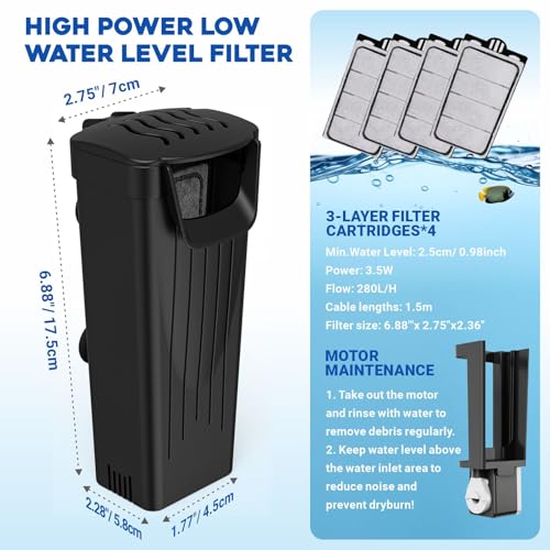 GOZILLA Turtle Tank Filter 74GPH, Low Water Level Turtle Tank 3.5W Fish Tank Aquarium Filters for Small Tanks up to 15 Gallons Include 4 Replacement Cartridges.(Black)