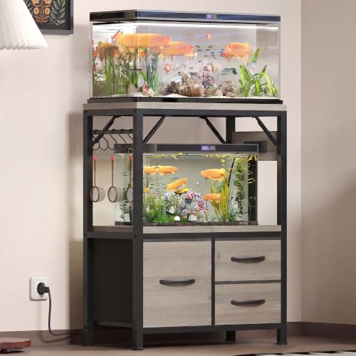 Heybly 5-10Gal Fish Tank Stand with Drawer, Power Outlet,200lbs HAS002SSG-1 | Aquarium Stand,Heavy Duty Metal Frame for Fish Tank, Turtle & Reptile Terrarium, 20.5" × 10.2" Top, Rustic Gray - color: Greige, size: 5-10 gal
