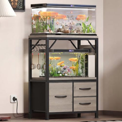 Heybly 5-10Gal Fish Tank Stand with Drawer, Power Outlet,200lbs HAS002SSG-1 | Aquarium Stand,Heavy Duty Metal Frame for Fish Tank, Turtle & Reptile Terrarium, 20.5" × 10.2" Top, Rustic Gray - color: Greige, size: 5-10 gal