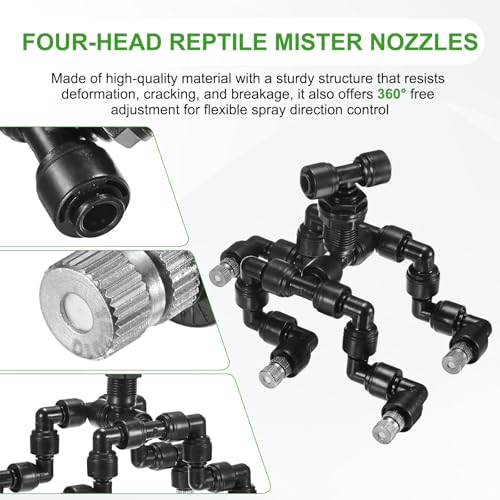 M METERXITY Reptile Mister Nozzles, 0.2mm Pore Copper 1/4" Four-Head Reptile Misting Spray Nozzle with Plug for Terrarium/Vivarium, 360 Degree Adjustable Detachable Nozzles [Black] - color: Black