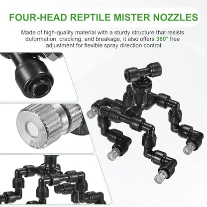 M METERXITY Reptile Mister Nozzles, 0.2mm Pore Copper 1/4" Four-Head Reptile Misting Spray Nozzle with Plug for Terrarium/Vivarium, 360 Degree Adjustable Detachable Nozzles [Black] - color: Black