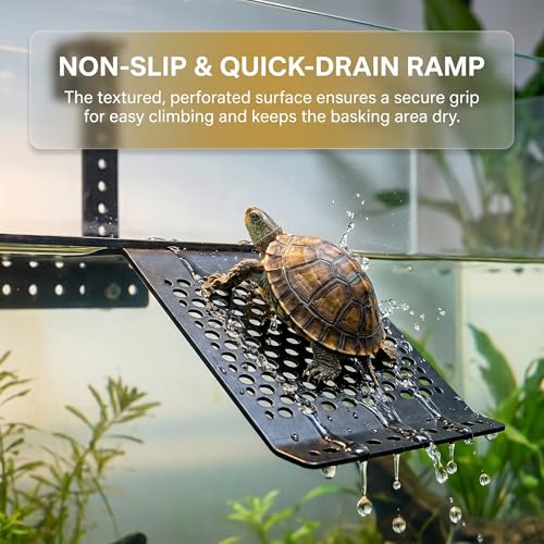 Adjustable Hanging Acrylic Turtle Basking Platform 8"x4.6" | Black Turtle Dock with Non-Slip Climbing Ramp, Fits 0.3"-2" Thick Aquarium Rims, High Water Level Basking Terrace for Aquatic Turtles & Reptiles M Size