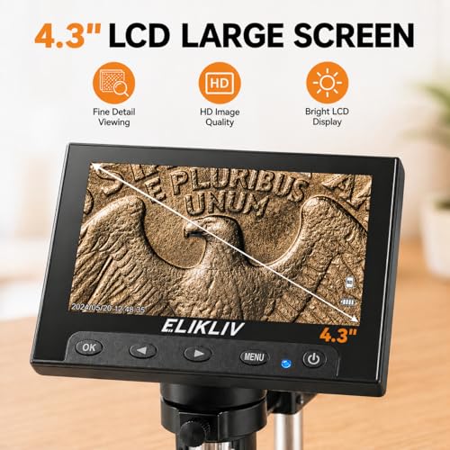 Elikliv Microscope, LCD Digital Coin Microscope 1000x, Coin Magnifier with 8 Adjustable LED Lights, PC View Compatible with Windows/MacBook, EDM4, 4.3-Inch - color: White