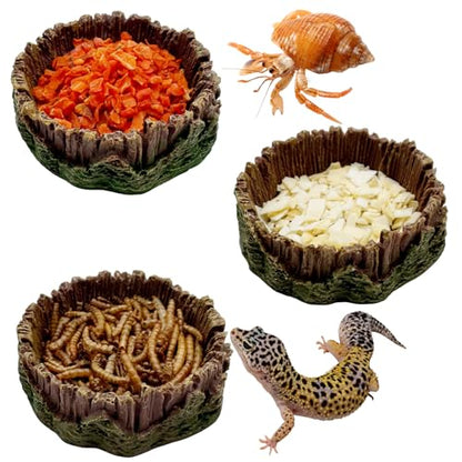 3 Pack Small Reptile Food Bowls, Reptile Feeding Terrarium Bowls for Bearded Dragon Lizard Frog Gecko Tortoise Hermit Crab Snail (Brown) - color: Brown - 3 Pack S Round Bowls