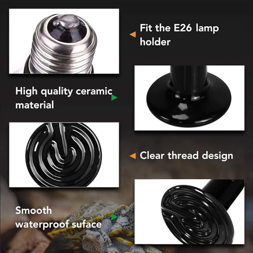 Simple Deluxe Ceramic Heat Emitter 150W Reptile Heat Lamp Bulb No Light Emitting Brooder Coop Heater for Amphibian Pet Snake Turtle & Incubating Chicken, No Harm, Color Black, 2 Pack - size: 150W *2, style: D-85mm