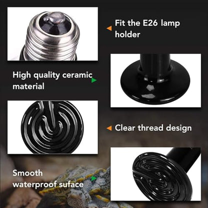 Simple Deluxe Ceramic Heat Emitter 150W Reptile Heat Lamp Bulb No Light Emitting Brooder Coop Heater for Amphibian Pet Snake Turtle & Incubating Chicken, No Harm, Color Black, 1 Pack - size: 150 Watts, style: 1 Pack