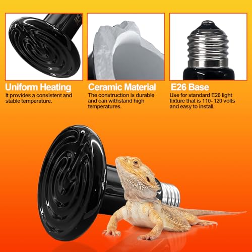 BNOSDM 2 Pack 100W Non-Light Emitting Ceramic Heat Emitter, Reptile Heat Lamp Bulbs, Brooder Coop Heater Lamp Bulb for Amphibian Reptiles Lizard Turtle Chicken - color: Pack of 2/Black, size: 100 Watts