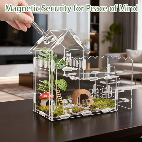 Magnetic Acrylic Terrarium for Jumping Spiders & Small Pets – Easy-Access Front Opening, Feeding Hole, Ideal for Reptiles, Tarantulas, Hermit Crabs & More