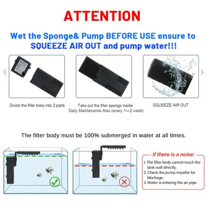 Aquarium Filter Small Betta Fish Tank Filter for 2-15 Gallon Silent 4-in-1 Adjustable Air Flow Fish Turtle Shrimp Tank Filter Submersible Aquarium Internal Filter 79 GPH Biochemical Rainwater