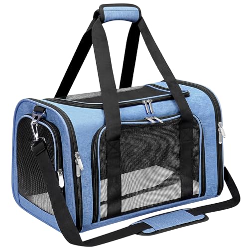 Soft-Sided Cat/Dog/Pet Carrier, Collapsible Pets Travel Carriers | for Big Cats/Small Dogs with Shoulder Strap & Removable Mat, Mesh Puppy Carry Bag, Up to 16 Lbs, TSA Airline Approved(Blue) - color: BLUE, size: 17"L x 11"W x 11"H
