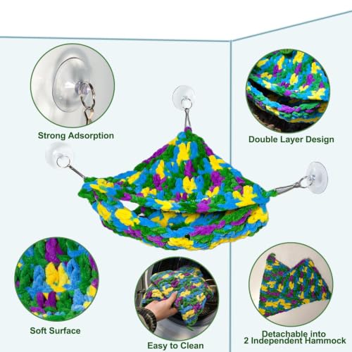 Bearded Dragon Hammock Lounger with Suction Cups Bells,Double-Layer Reptile Hammock, Soft Hanging Lizard Bed Climbing Toys Swing Tank Accessories for Lizard Gecko Chameleon Snake (Blue)