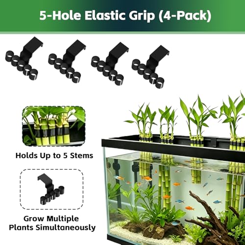 4-Pack Aquarium Plant Holder for 75 Gallon Rimmed Tanks | Bamboo Clip with 5 Elastic Holes to Secure Bamboo Stalks or Other Plants for Emersed Aquaponic Cultivation & Fish Tank Decor