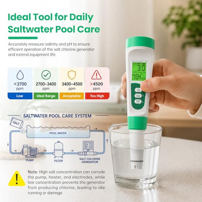Salt Tester for Saltwater Pool & PH Meter, High Accuracy Pool Salt Tester, 5 in 1 Salinity PH Temp EC TDS Meter for Pool Hot Tub Swimming Aquarium, Daily Maintenance & Water Quality Testing, Green