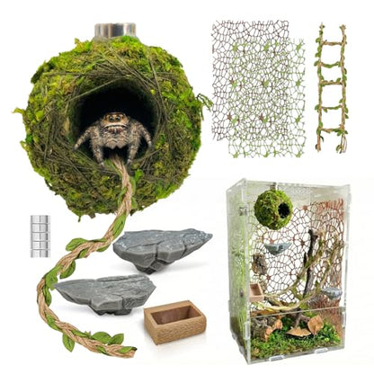 Jumping Spider Enclosure Accessories Kit - Magnetic Moss Ball Hideout, 2 Rock Ledges, Feeding Bowl, Climbing Mesh Nets & Rope Ladder - Natural Forest Habitat Decor for Regal (Moss Cave with Rope) - size: Moss Cave with Rope