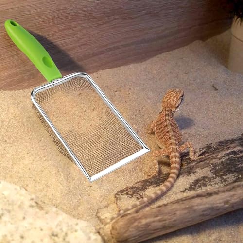 Stainless Steel Mesh Litter Shovel, Fine Mesh Metal Reptile Litter Cleaner Scooper, Green Non-Slip Handle Sifter for Lizard Substrate Reptile Terrarium Sand Waste