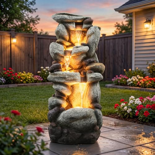 Utym 40" H Oversized Pebbles Rock Outdoor Fountain with Warm LED Lights | 3-Tier Extra-Large Stacked Pebbles River Waterfall with Cascading Water Feature for Garden Patio Yard and Backyard - color: 40"-natural Pebbles Gray