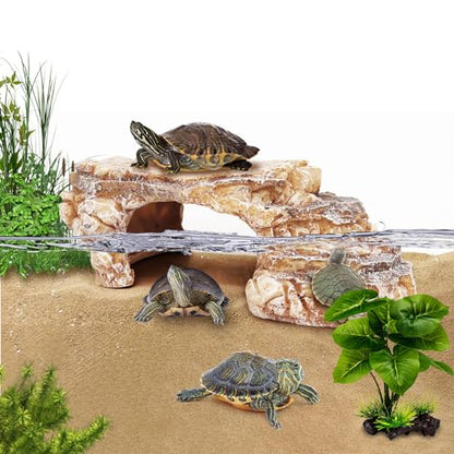 MoonOrange Turtle Basking Platform Kit, Reptile Habitat Hideout, Decorative Resin for Aquarium & Terrarium, Including Artificial Plant and Cleaning Brush. (A-Large-Black)
