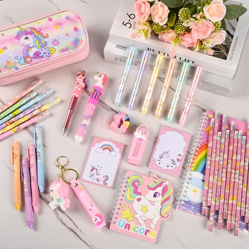 Ulema 41Pcs Cute Unicorn Stationery Set Birthday Gifts for Girls Back to School and Classroom Rewards Office Supplies with Unicorn Stuffs with Kawaii pencils,Keychain etc. - style: Unicorn