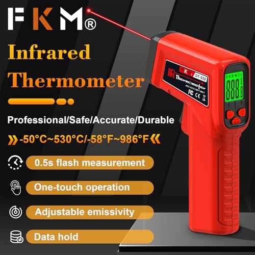 FKM Infrared Thermometer Gun Non-Contact Laser Thermometer Gun -58°F~986°F | (-50°C~530°C) Digital Temperature Gun for Cooking,Oven,Griddle,Automotive,HVAC,Industrial,Adjustable Emissivity,Not for Human - color: Red