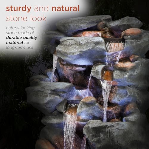 Alpine Corporation WIN1068 Outdoor Floor Rock Water Fountain with LED Lights, 5-Tier Rock Waterfall Fountain 54", Dark Brown - style: 54" H - 5-Tier Cool White LEDs