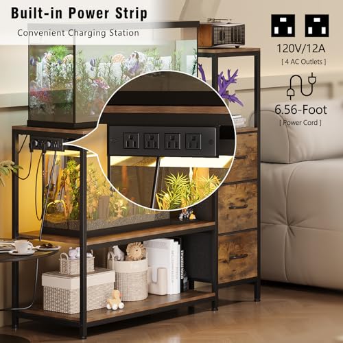 20 Gallon Aquarium Stand with Drawers & Power Outlet, Brown | Fits 20 Gallon Tanks; Reptile Tank Stand; 3-Tier Storage Shelves; Adjustable Height; Heavy-Duty Metal Frame - color: Brown