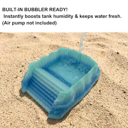 Hermit Crab Pools with Built-in Bubblers – Set of 2 (Fresh & Salt Water) – Upgraded Heat-Resistant PETG 3D Printed Water Bowls with Safe Exit Ramps (Glazed Blue/Green)