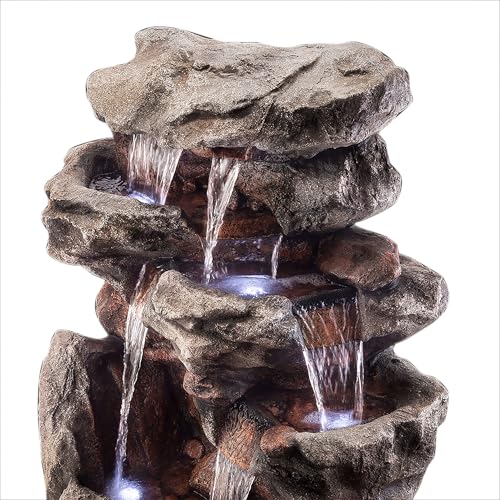 Alpine Corporation WIN730 Outdoor Floor Tiered Rock Waterfall Fountain with LED Lights and Natural Stone Look, 52", Brown - style: 5-Tier 52" H - Cool White LEDs