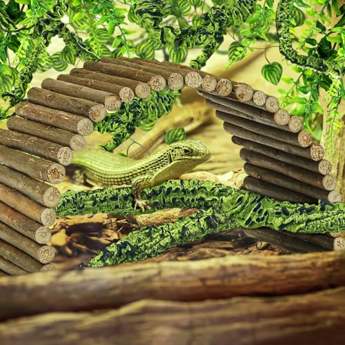 QUOZUO Bearded Dragon Tank Accessories, Terrarium Hanging Plant Vines Artificial Leaves Reptile Hide, Bridge Jungle Climber Reptile Vines for Snakes Bearded Dragon Chameleon Gecko Lizard