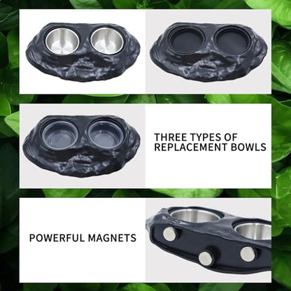 Magnetic Resin Reptile Feeding Ledge - Black Double Feeder with 8 Replacement Cups (3 Types), Strong Magnet Gecko Food and Water Dish for Crested Gecko, Chameleon, Lizard Terrarium Accessories
